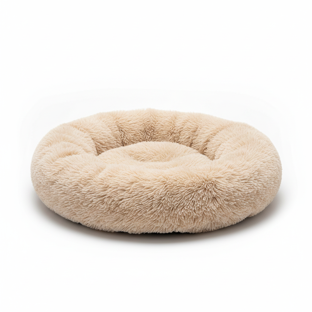 Ultra-soft faux fur donut pet bed in beige for dogs and cats
