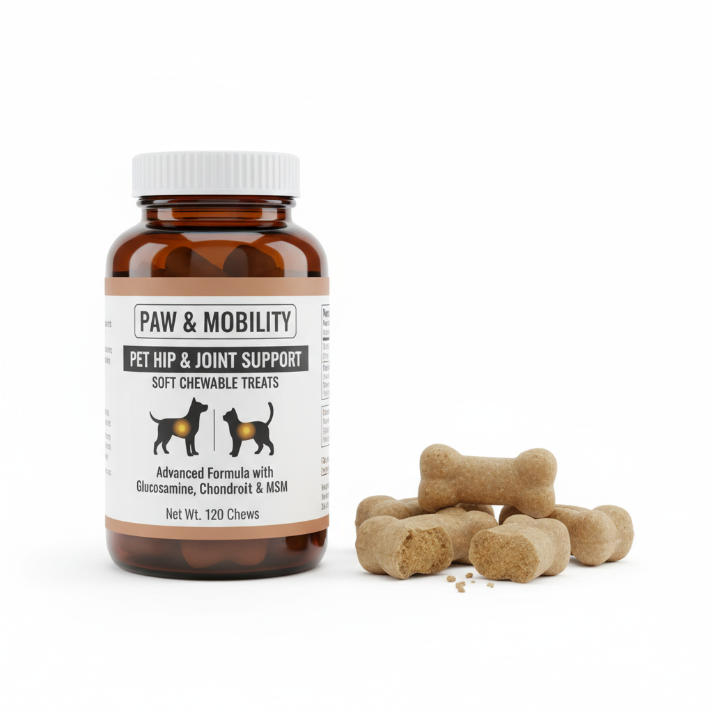 Hip and joint supplement chews for dogs and cats in amber bottle with chews displayed