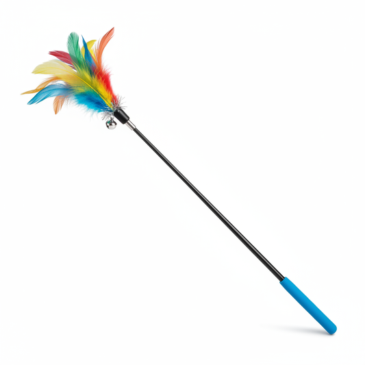 Colorful feather wand teaser toy for cats on white background