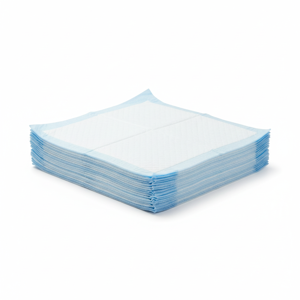Stack of super absorbent white puppy training pee pads with blue lining