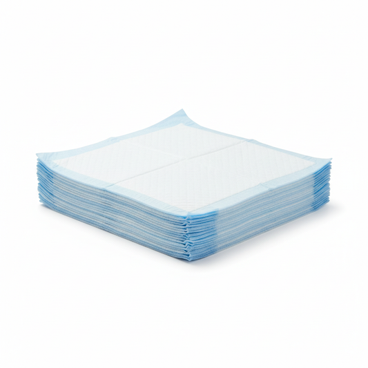 Stack of super absorbent white puppy training pee pads with blue lining